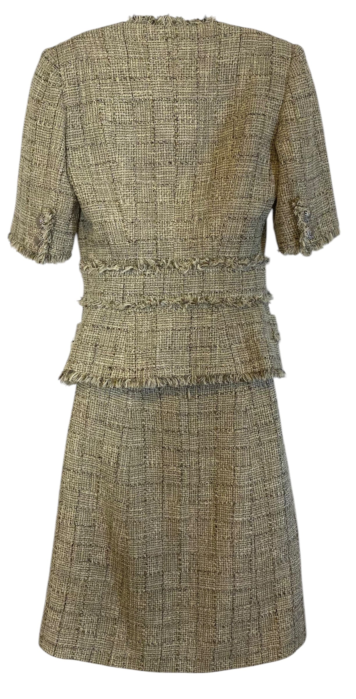 Chanel 10P Fantasy Tweed Beige Metallic Gold Jacket Skirt Suit Set FR 42/44