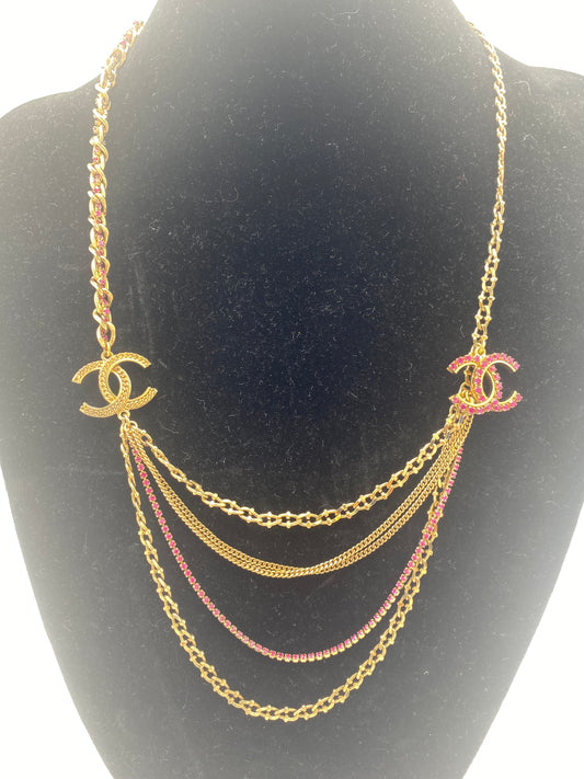 Chanel 12P Multi Strand Pink Swarovski Crystal Gold CC Necklace