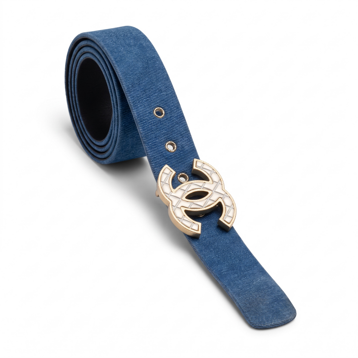Chanel Airlines 16P Blue Denim CC Matte Silver & Gold Buckle Belt 90/36