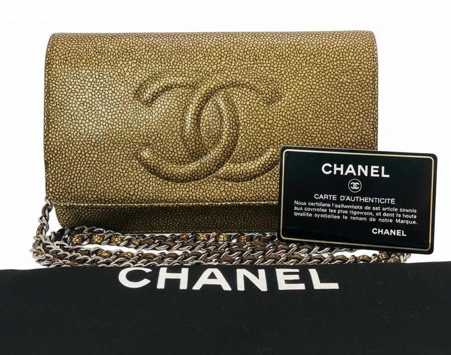 Chanel Caviar Bronze Metallic Double CC Wallet on Chain WOC