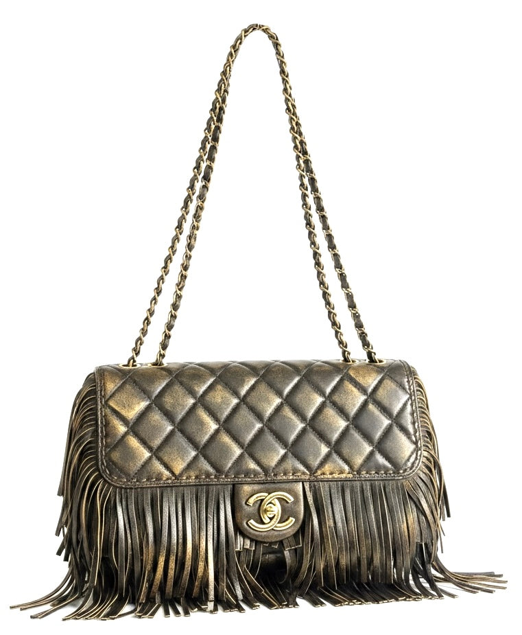 Rare Chanel 14A Paris Dallas Medium Brown Metallic Leather Fringe Classic Flap Bag