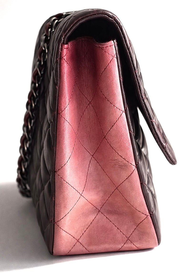 Chanel Jumbo Classic Ombre Pink Burgundy Quilted Lambskin Single Flap Bag
