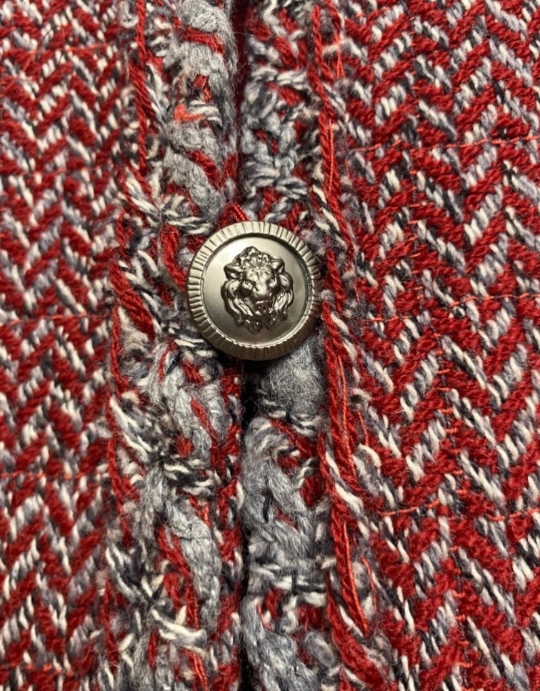 CHANEL 08A BURGUNDY GREY BRAIDED TRIM TWEED JACKET BLAZER FR 38