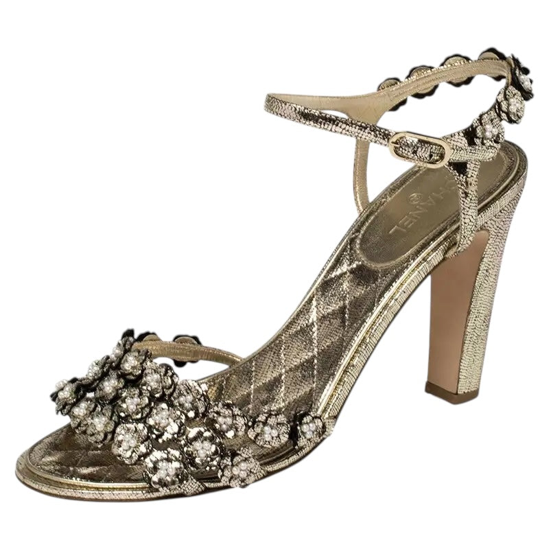 Chanel Gold Metallic Leather Camellia Pearl Sandals Heels EU 38.5C