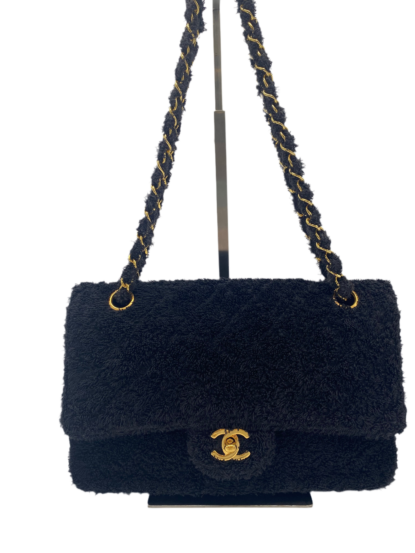 Rare Chanel 1994 Medium Black Terry Cloth Flap Bag