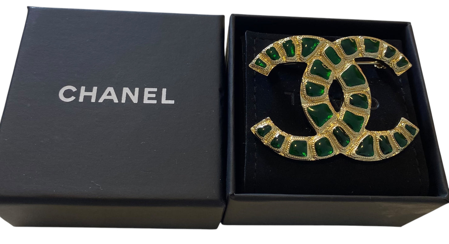 Chanel 19A Paris New York Egyptian Collection Green Gold CC Brooch