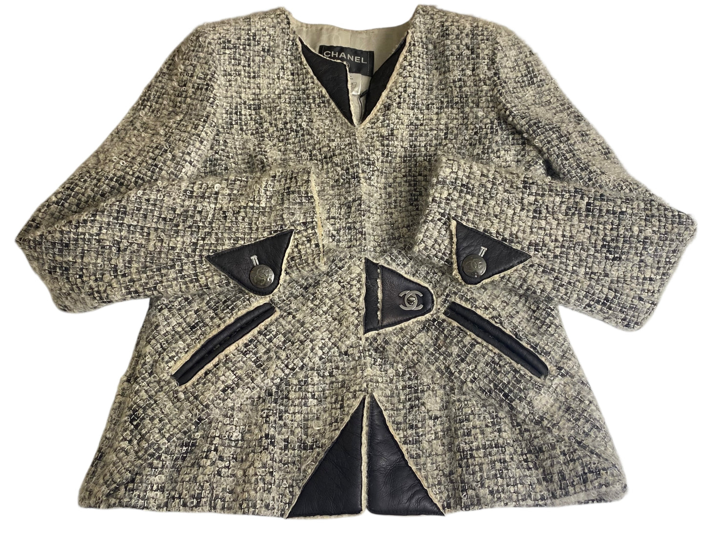 Chanel 10A Shanghai Shearling Tweed CC Grey Black Leather Trim Jacket Coat FR 36