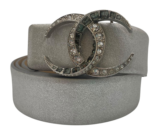 Chanel 15C Dubai Metallic Silver Calfskin Baguette Crystal CC Belt Size 85/34