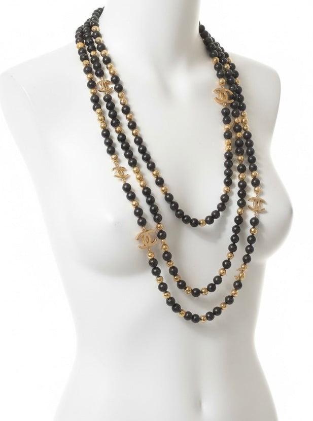 Chanel Airlines 2016 3 Strand 4 CC Extra Long Black Gold Mirror Statement Necklace