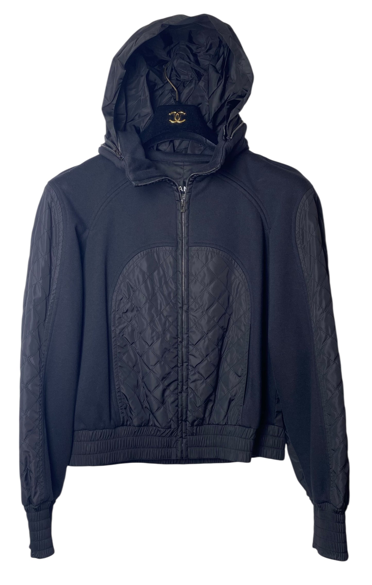 Chanel 2019 Black Hoodie Zip Up Bomber Quilted Sport Jacket FR 38