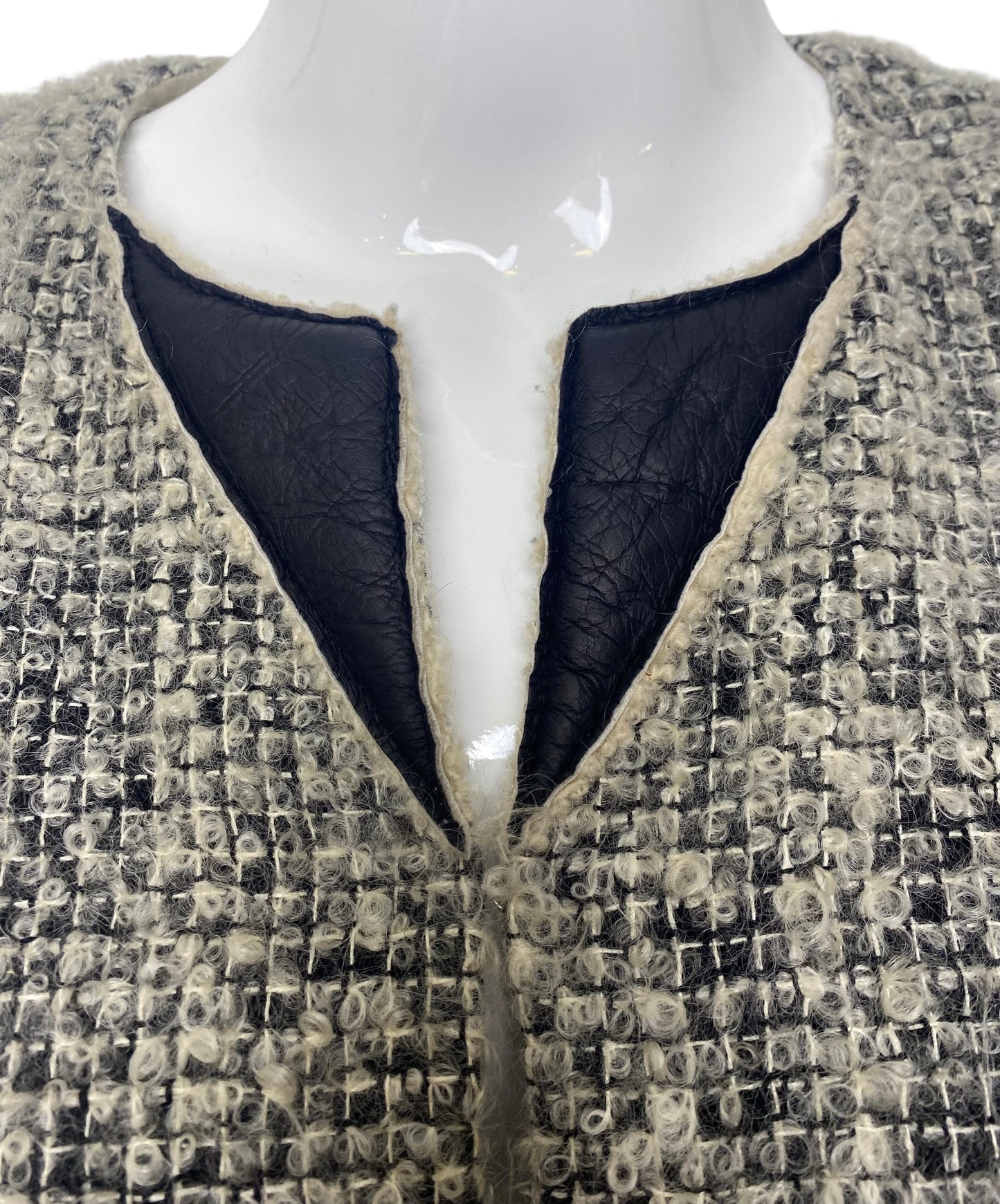 Chanel 10A Shanghai Shearling Tweed CC Grey Black Leather Trim Jacket Coat FR 36