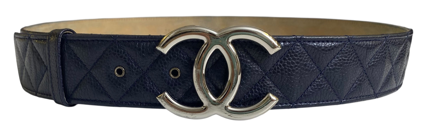 Chanel 13B Navy Blue Caviar Leather Quilted Silver CC Belt Size 90/36