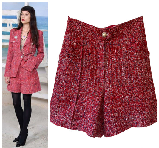 Chanel 19C La Pausa Red Tweed Pearl Shorts FR 36