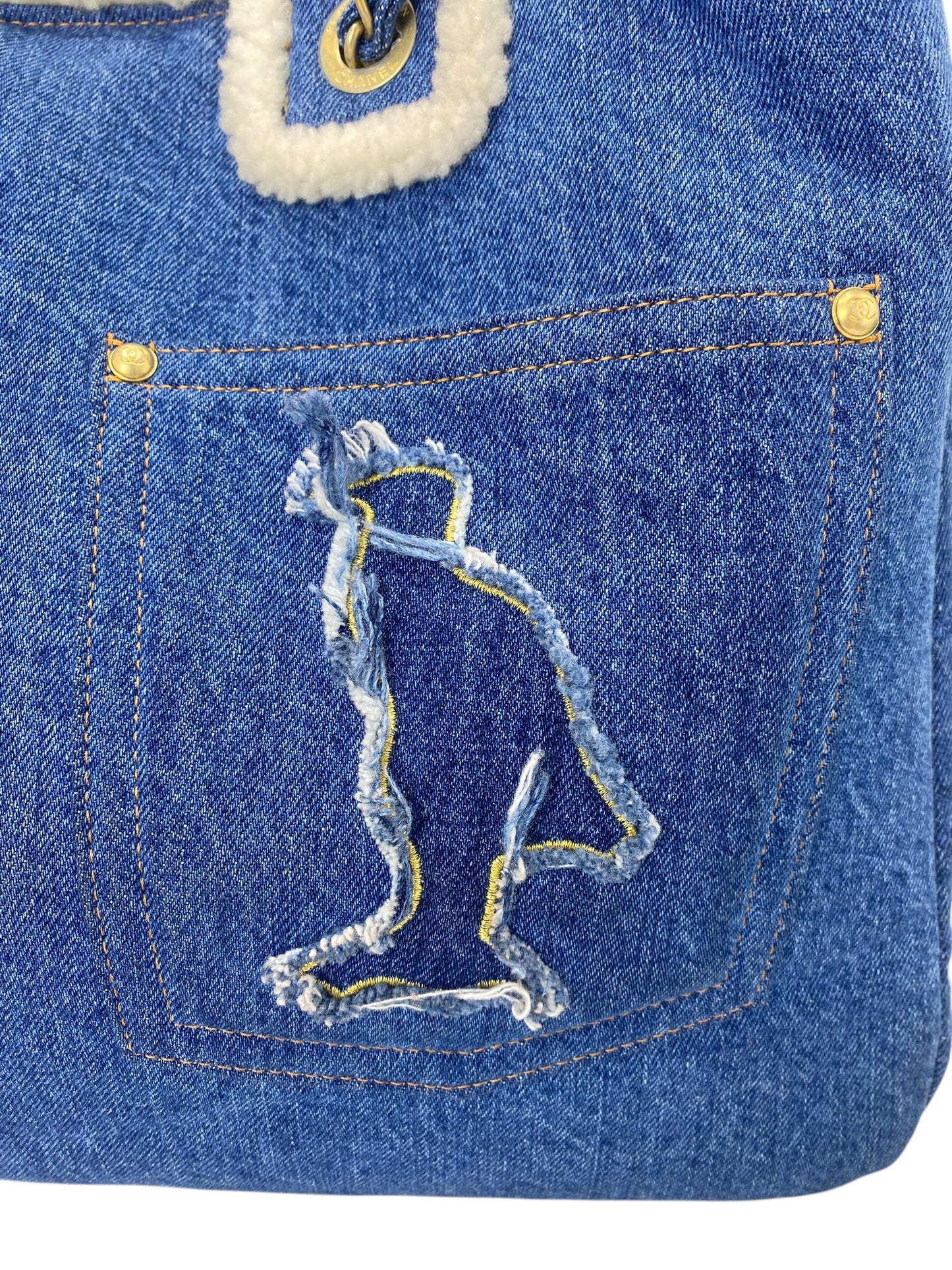Chanel 19A Paris-New York Egypt Blue Denim & Shearling Hieroglyph Coco Shopping Tote