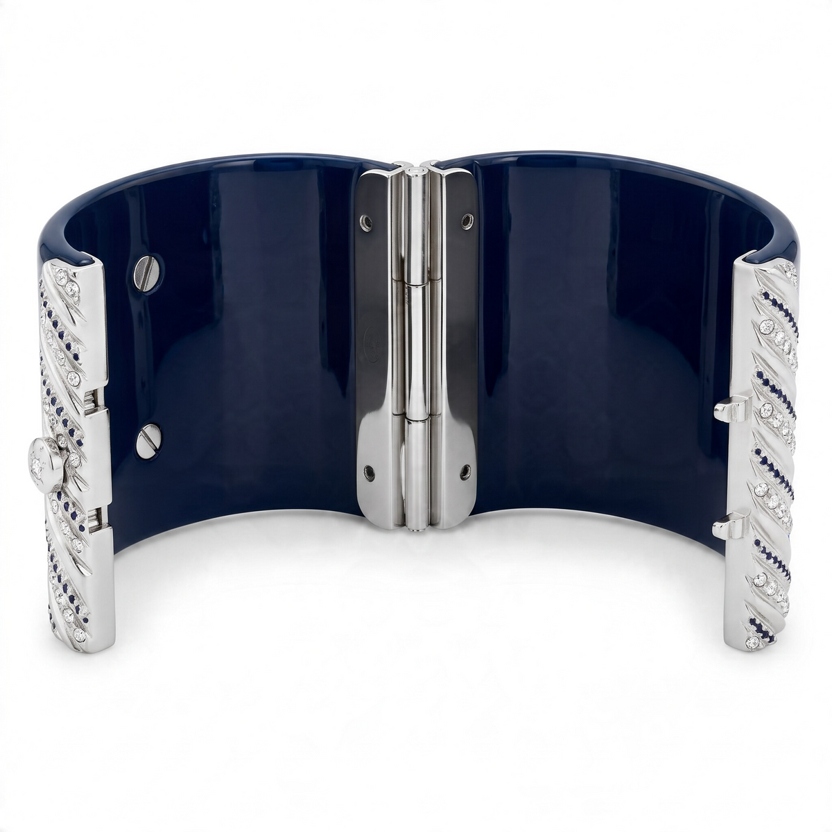 Rare Chanel 13P Navy Blue Silver Crystals Lucite Statement Bracelet Cuff