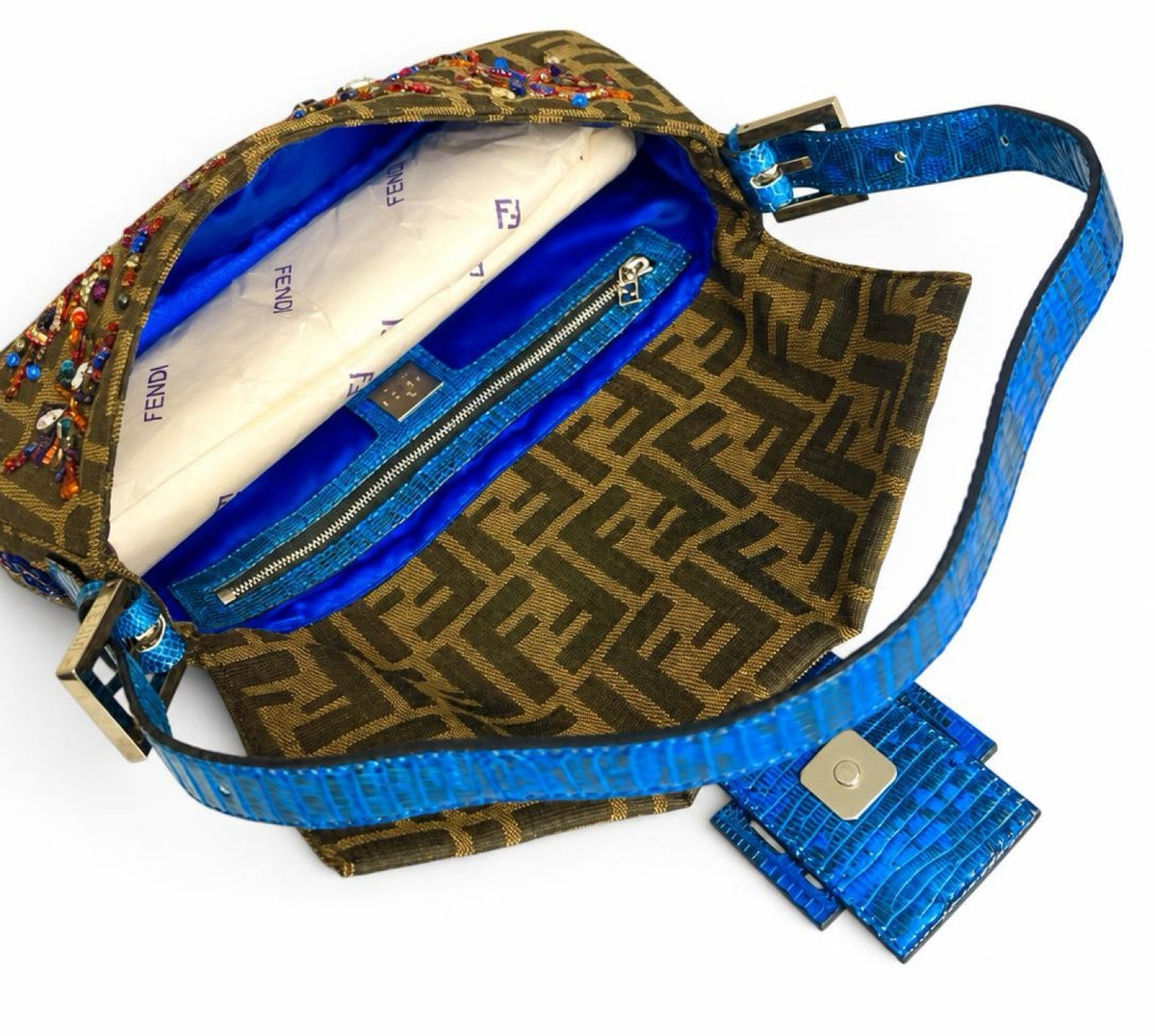 Fendi Vintage Blue Lizard Trimmed Embroidered Beaded Classic Zucca Baguette Bag