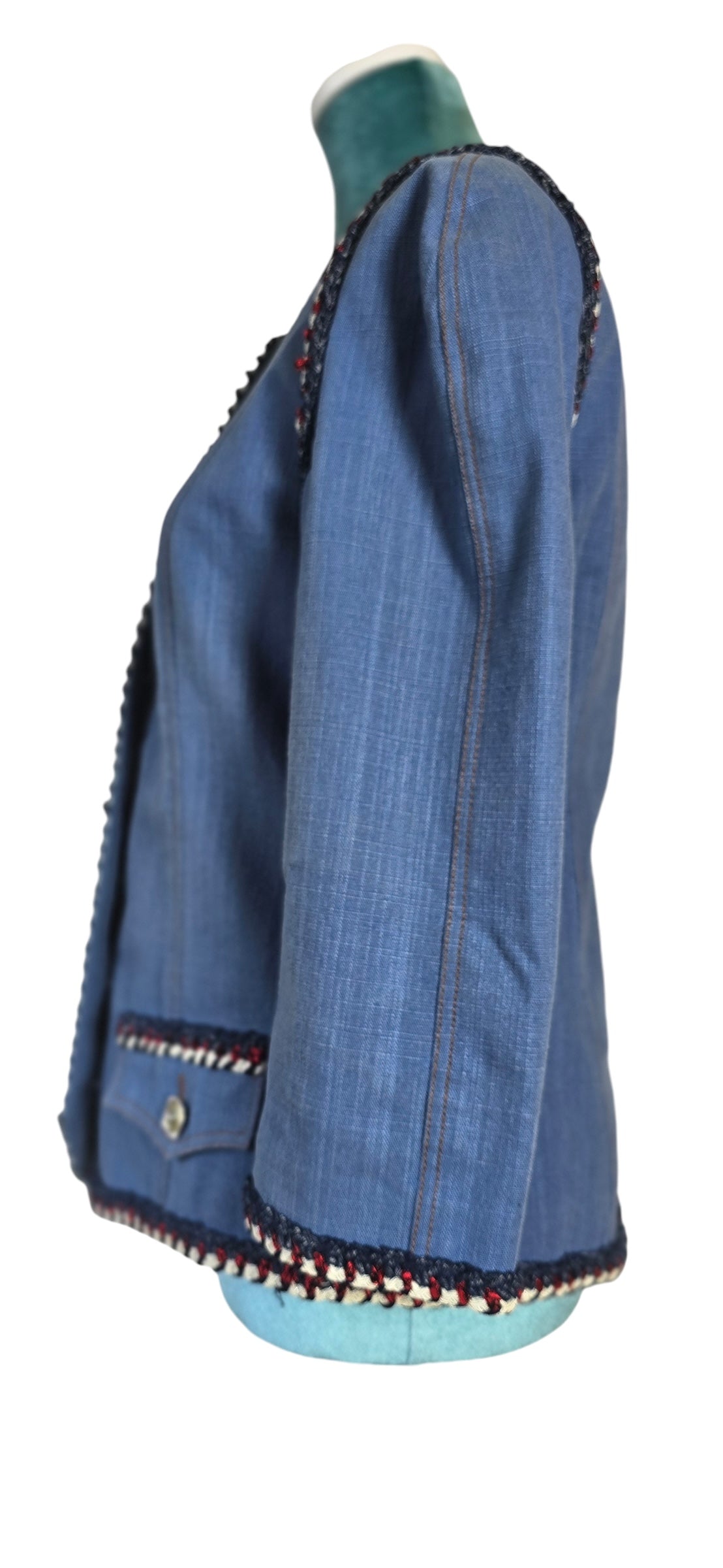 Chanel 13C Paris-Versailles Runway Denim Cotton Blue Braided Trim Jacket FR 38