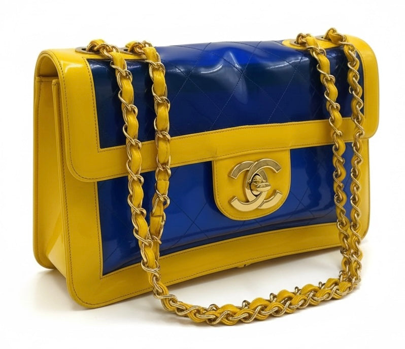 Chanel Ultra Rare 1995 Barbie Collection Yellow Blue Maxi PVC Vinyl Patent Flap Bag