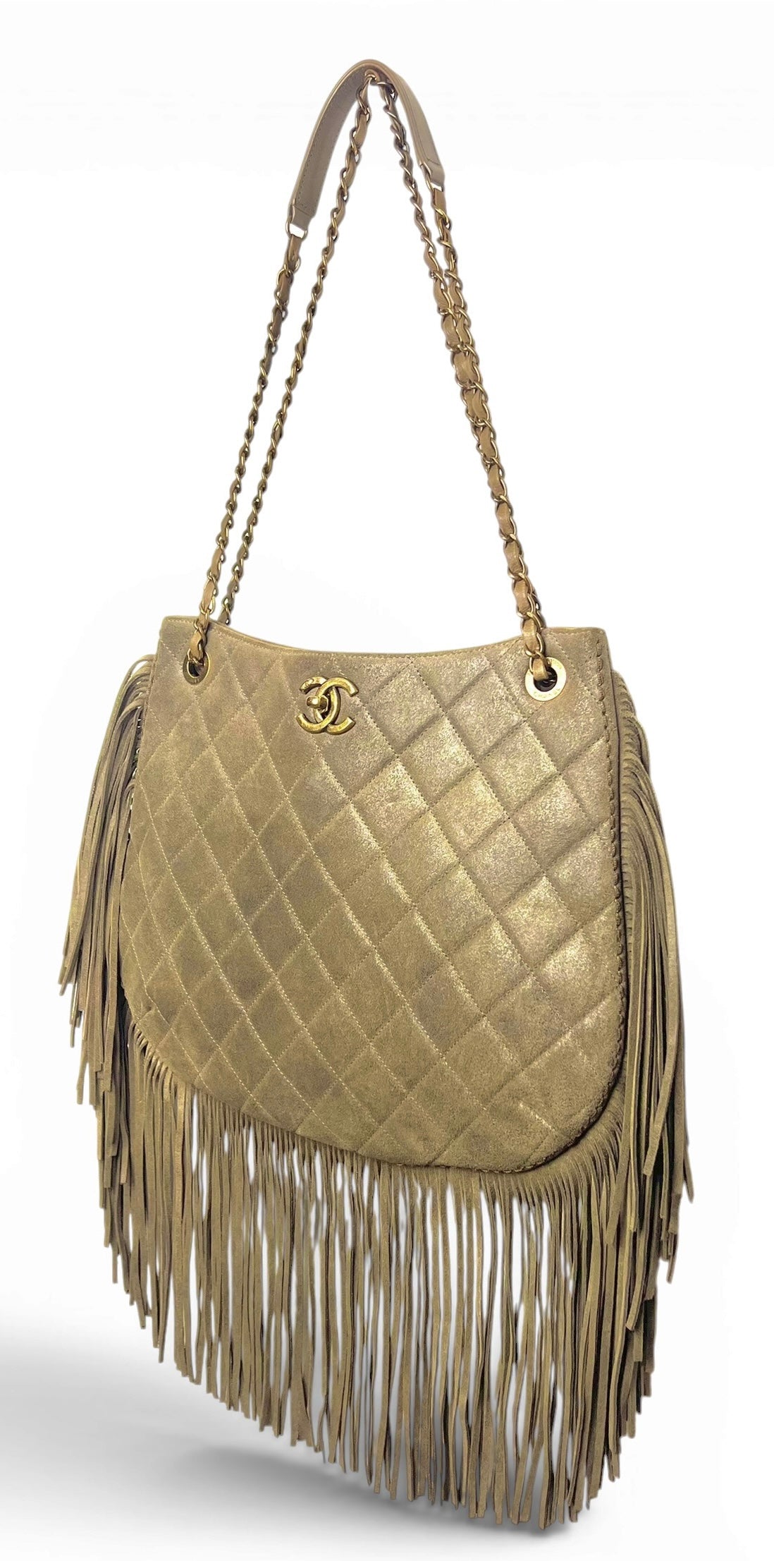 Chanel 14A Paris Dallas Iridescent Taupe Brown Nubuck Classic Hobo Shopper Tote Bag