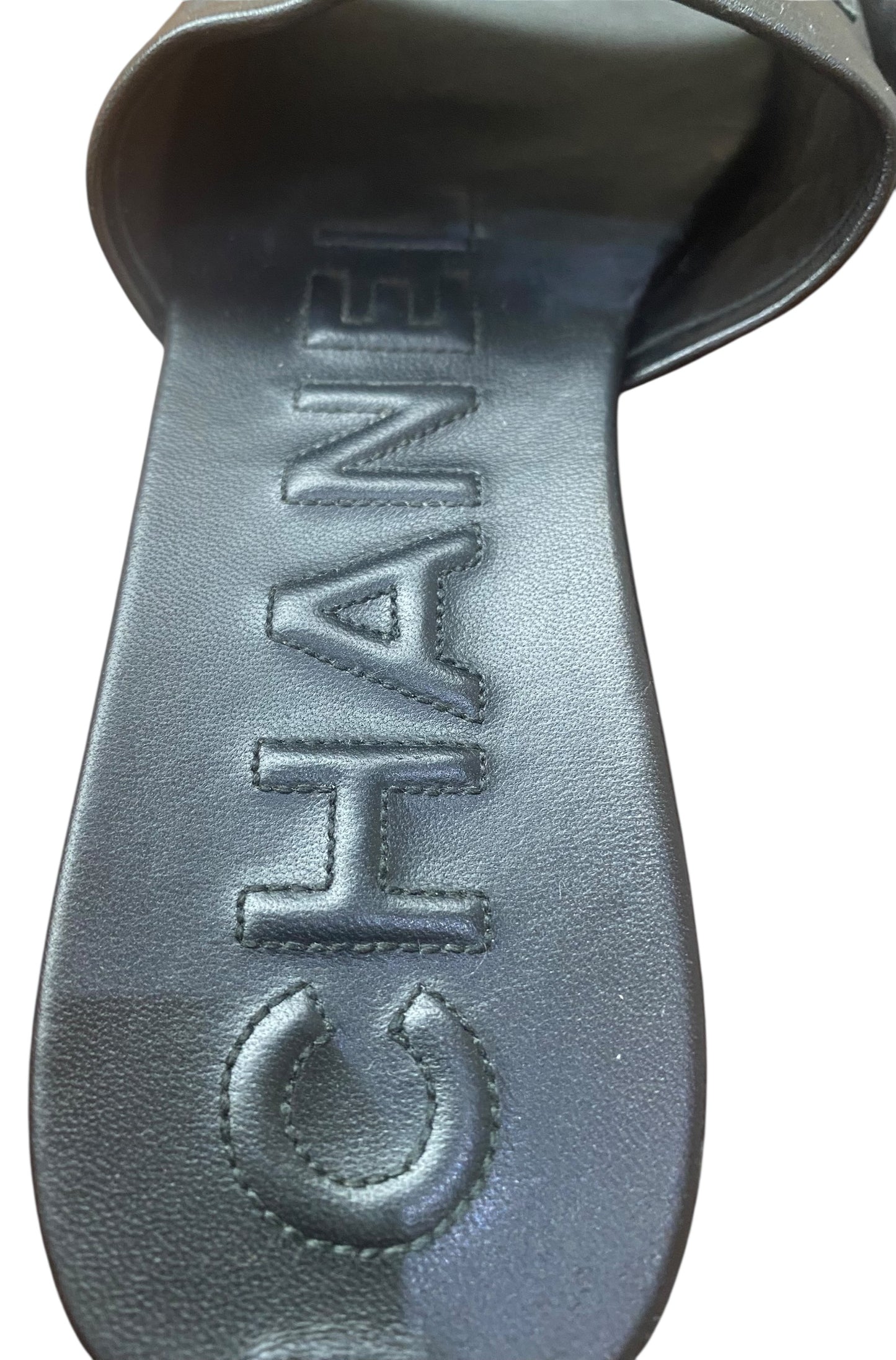 Chanel 2019 Black Leather Letters Logo Flat Slides EU 39.5