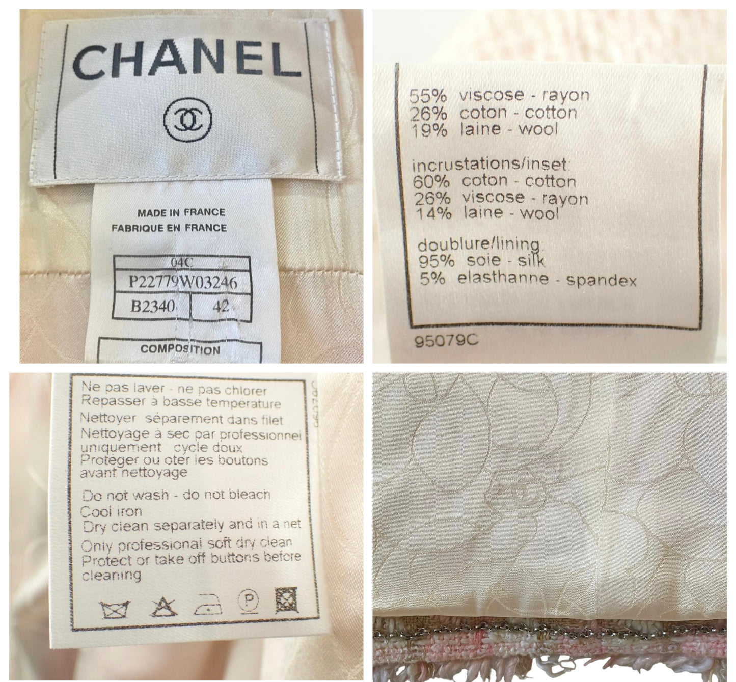 Chanel 04C Pink White Cream Fringe Tweed Checker Jacket FR 42
