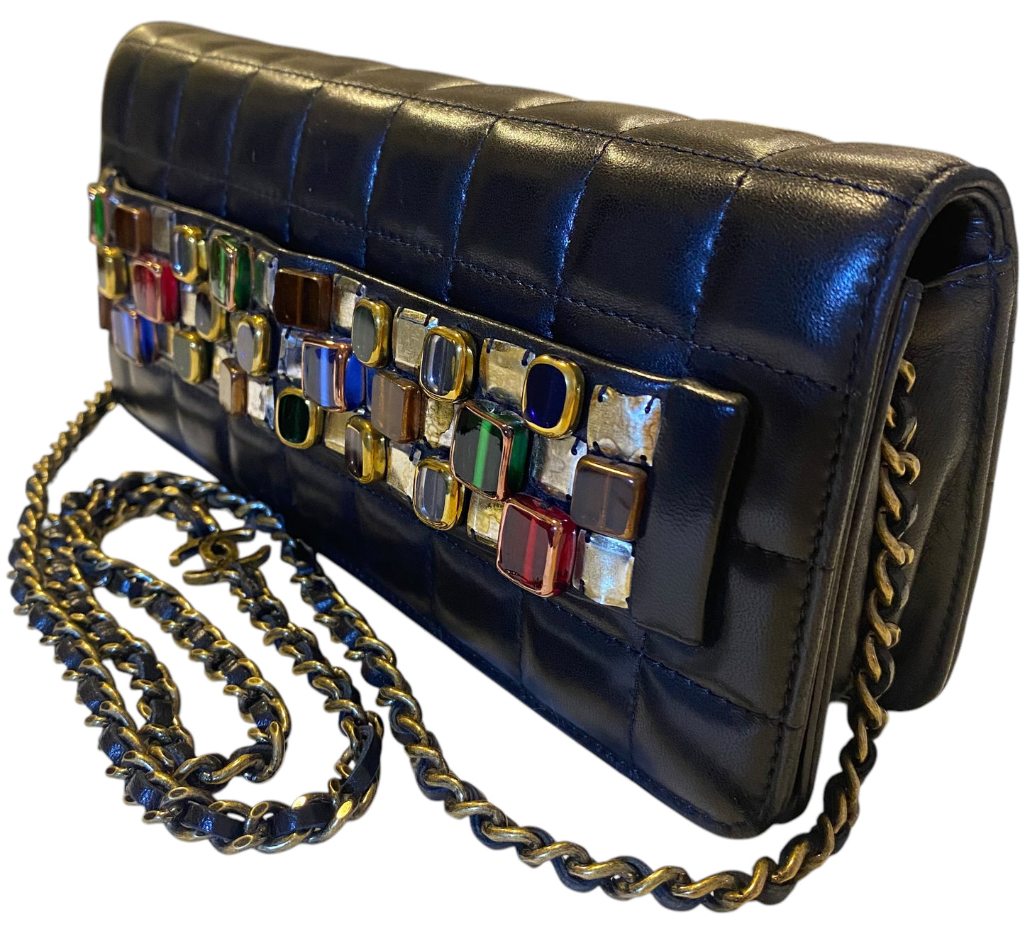 Chanel 11A Paris-Byzance Black Chocolate Bar Lambskin Leather Jeweled Clutch Minaudière Bag