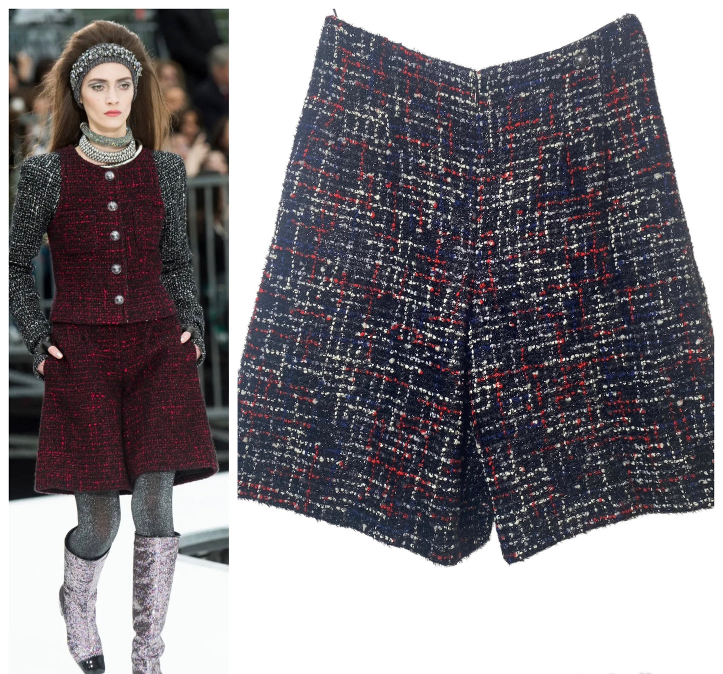 Chanel 17A Fantasy Tweed Black Red Blue White Shorts FR 36