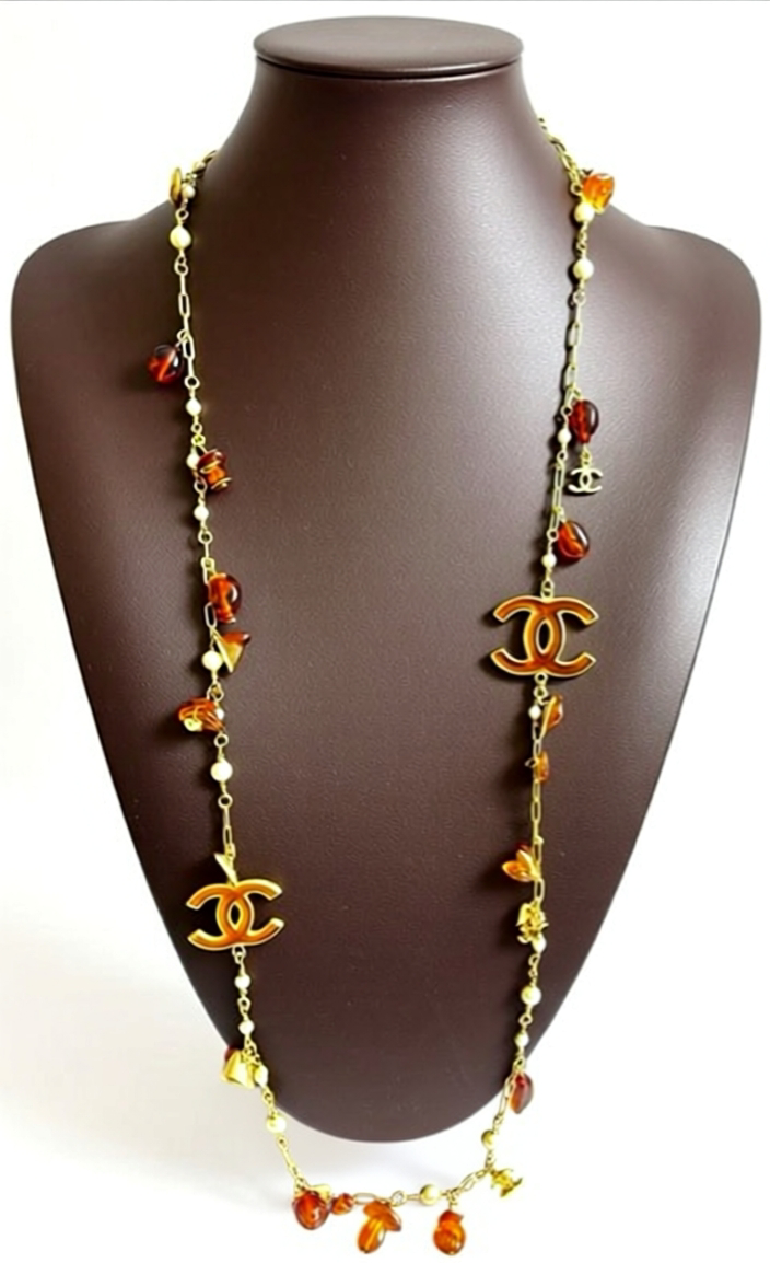 Chanel 11C St Tropez Amber Gold Long Strand Statement Necklace