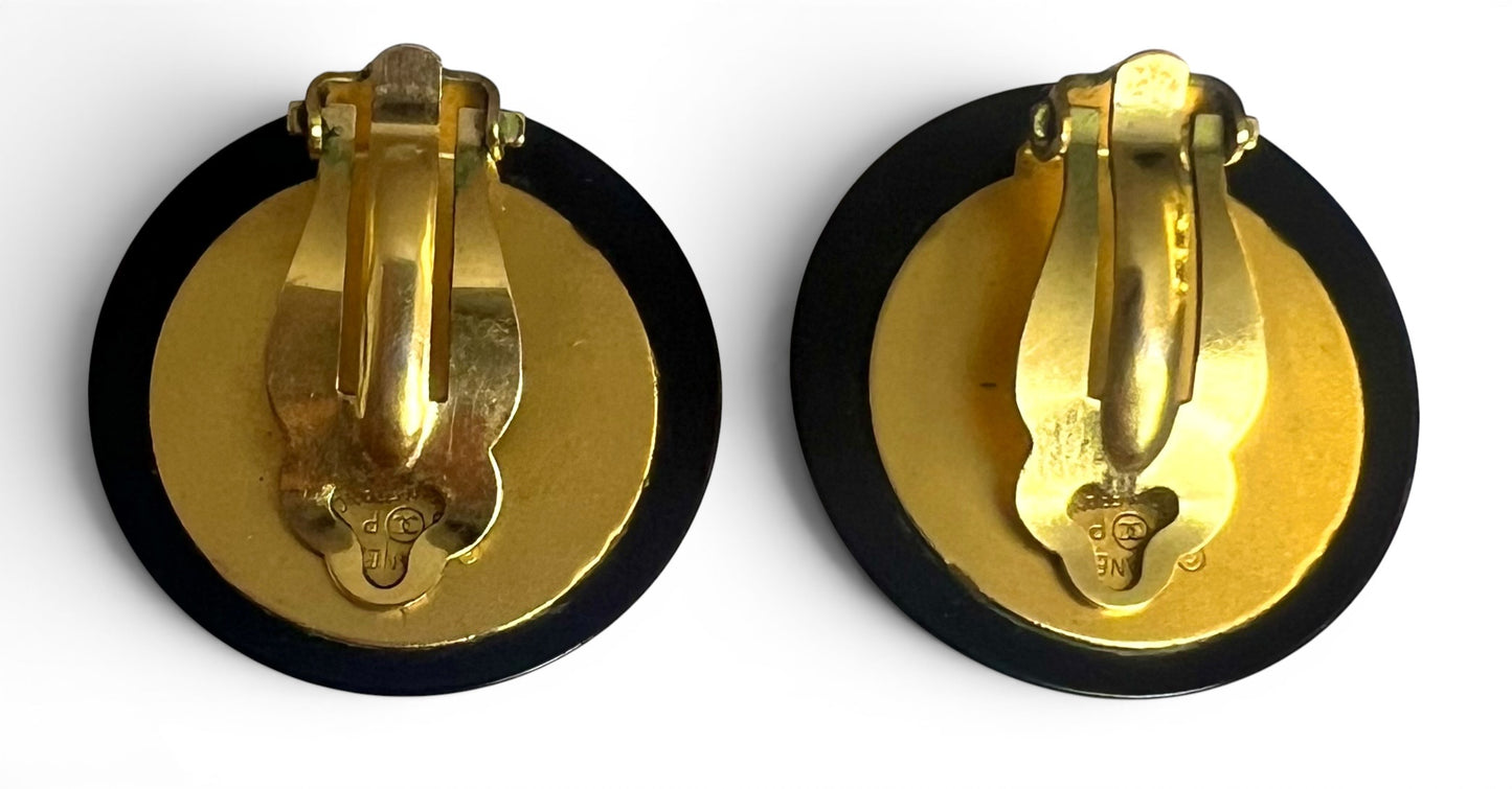 Rare Chanel 96P Vintage Large Resin Star & Moon Black 24K Gold Plated Clip-On Earrings