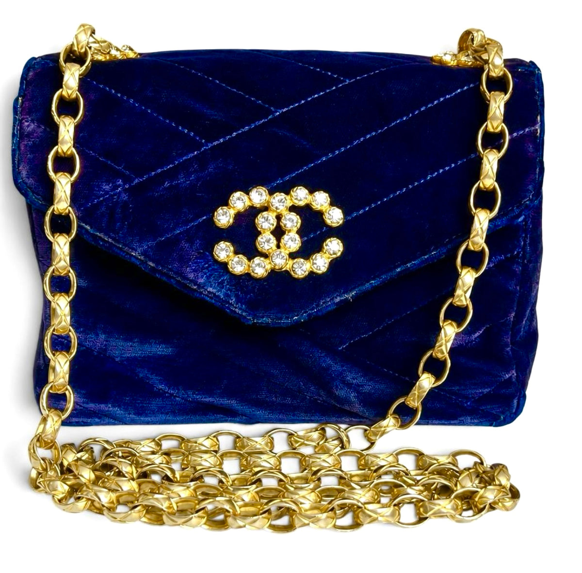 Vintage Chanel 1991-1994 Navy Blue Velvet Crystal 24K Bijoux Mini Square Chevron Classic Flap Bag