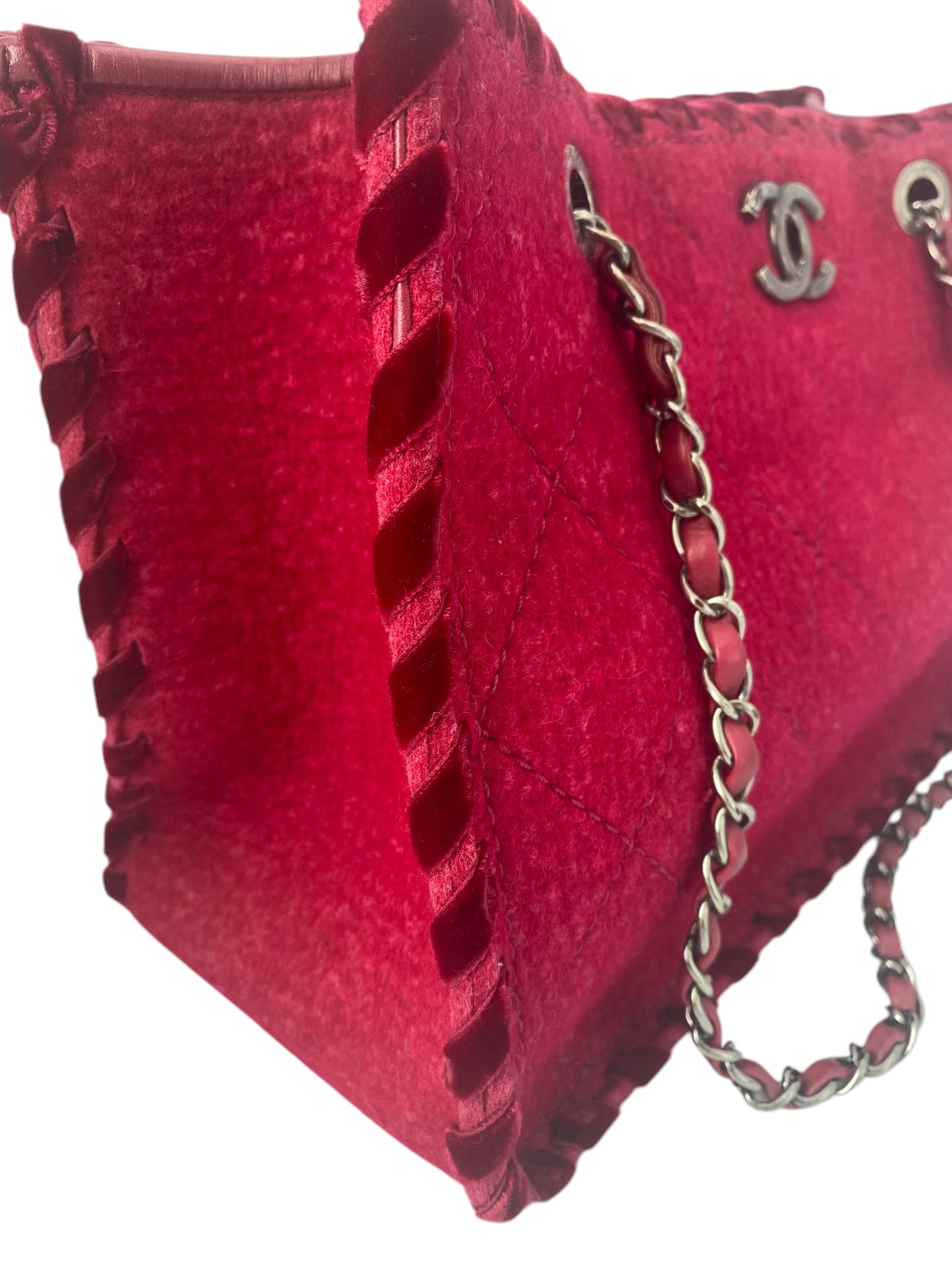 Chanel Medium Fancy Felt Raspberry Red Wool Shopping Tote Bag