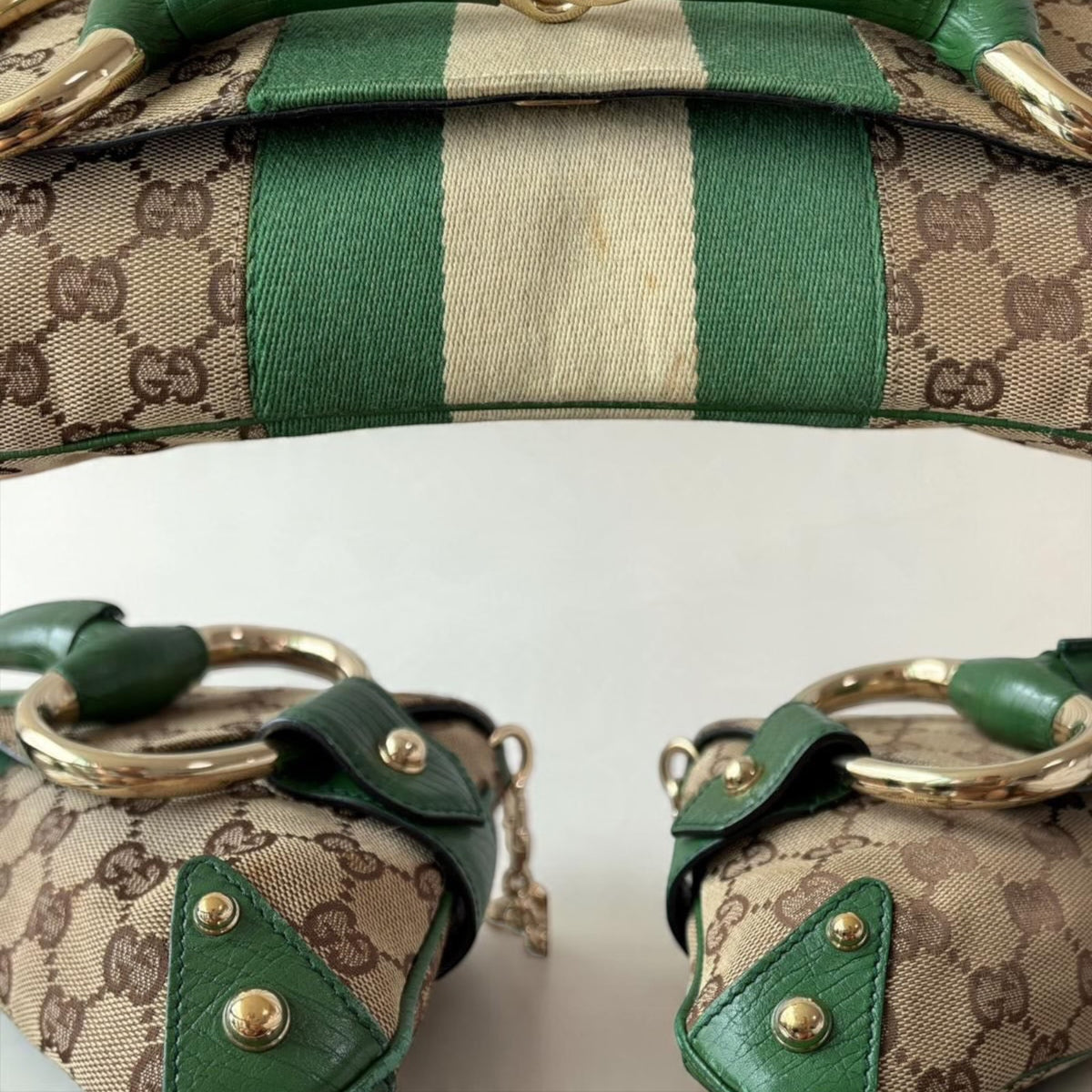 Gucci Large 1955 Tom Ford Classic Green Ivory GG Monogram Horsebit Clutch Handbag GHW