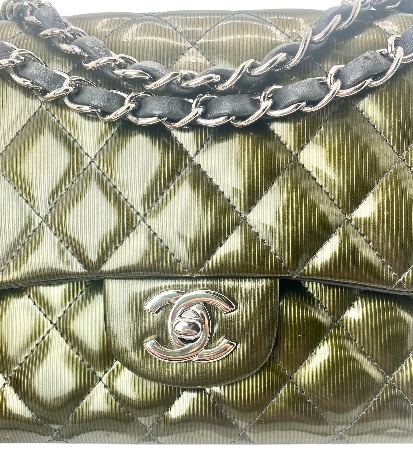 Chanel Medium Double Flap Green Straited Patent Leather Timeless Classic Bag SHW