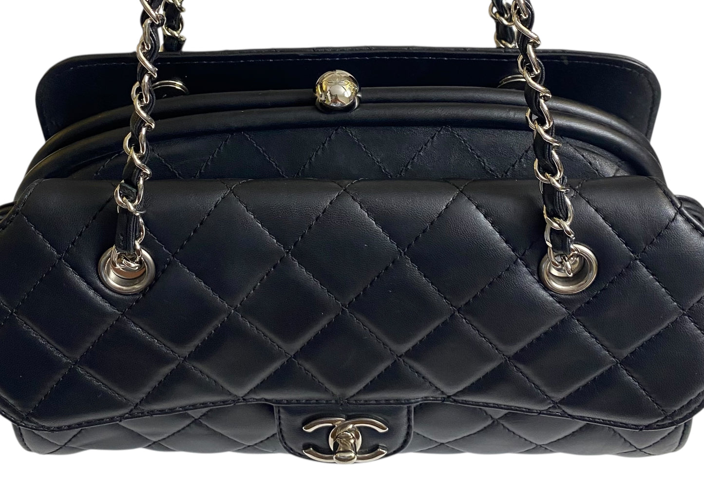 Chanel Classic Black CC Kisslock Lambskin Frame Compartment Bag