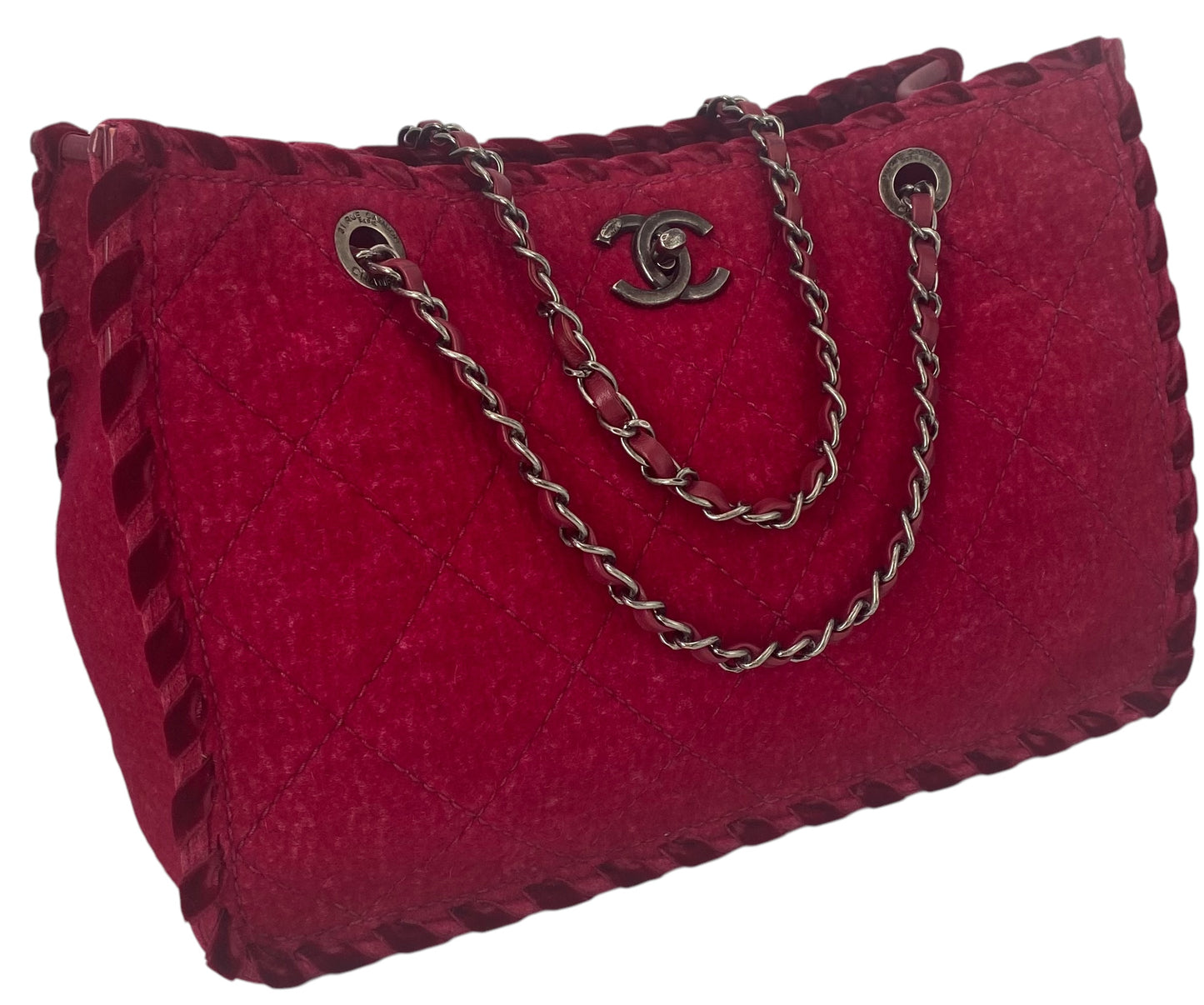 Chanel Medium Fancy Felt Raspberry Red Wool Shopping Tote Bag