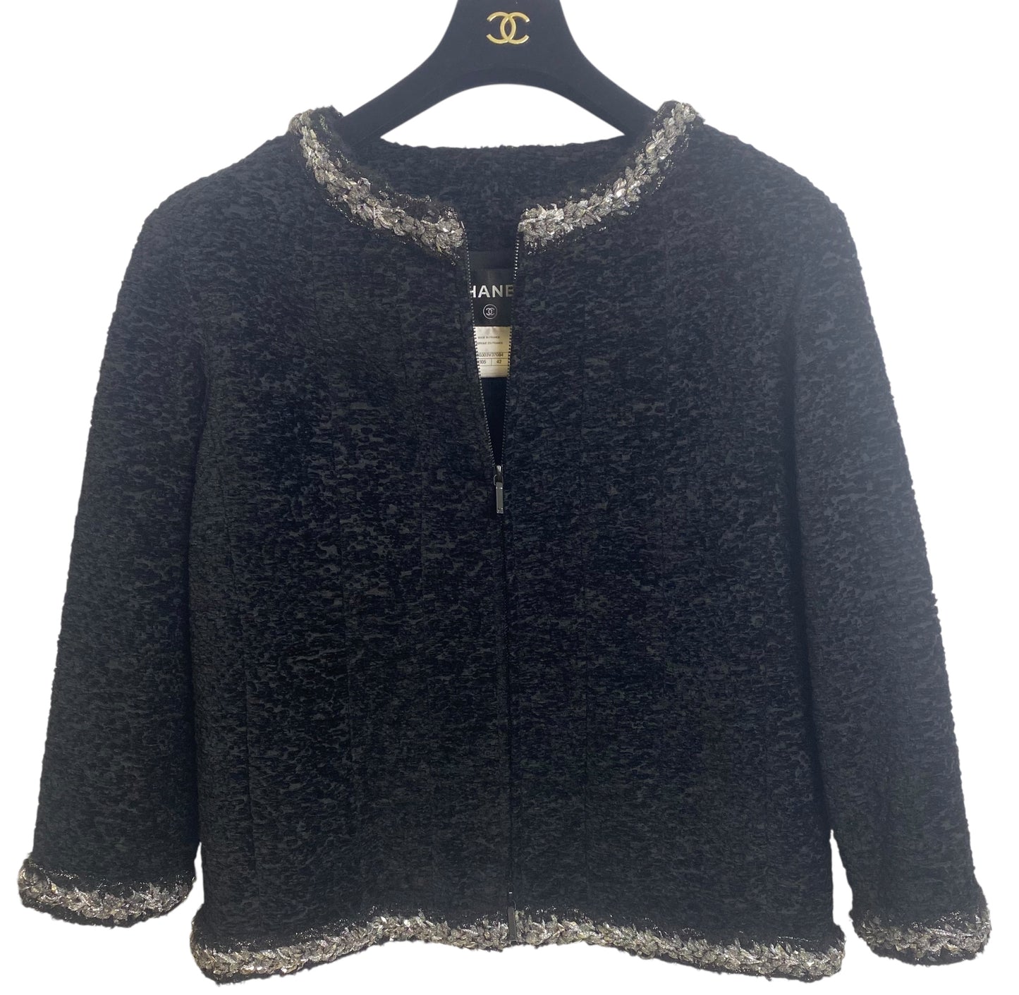 Chanel 14A Runway Supermarket Collection Black Boucle Silver Metallic Braided Trim Jacket 42
