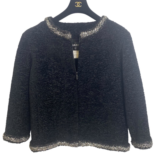 Chanel 14A Runway Supermarket Collection Black Boucle Silver Metallic Braided Trim Jacket 42