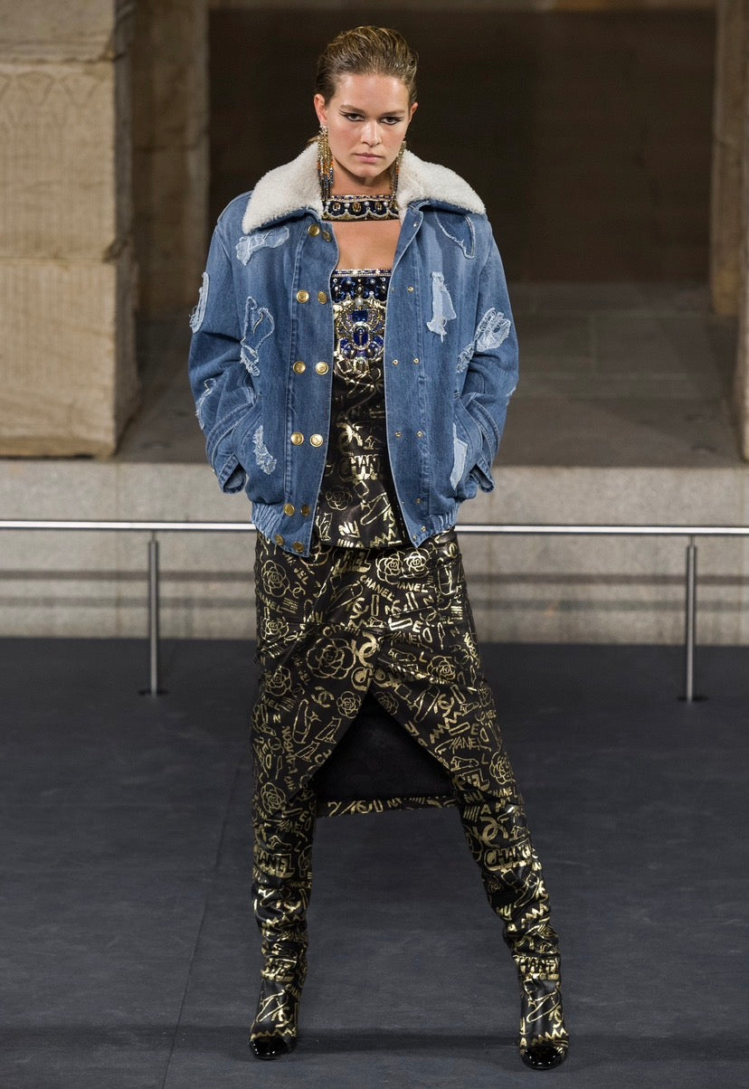Chanel 19A New York Egypt Denim Shearling Hieroglyph Coco Shopping Tote