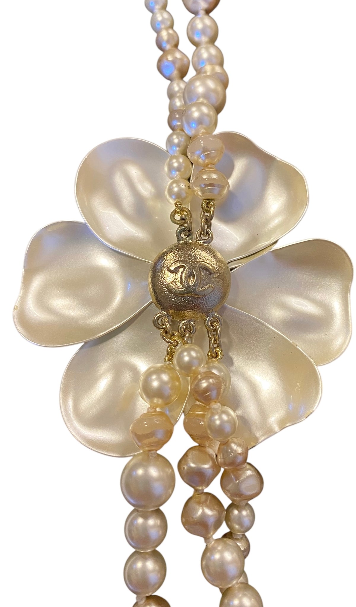Rare Chanel 09A Extra Long 3 Strand 10 CCs Metal Camellia Long Statement Necklace GHW