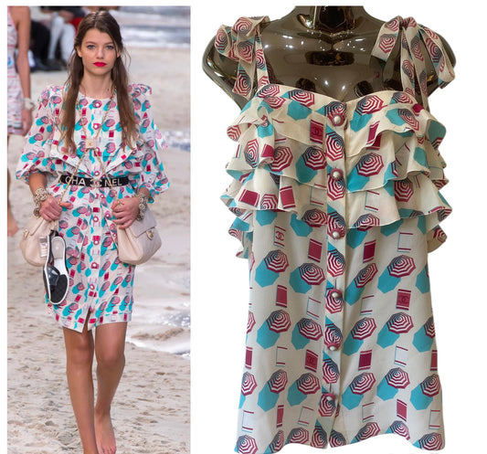 Chanel 19S Runway Umbrella Shells Motif Silk Multicolor Blouse FR 36