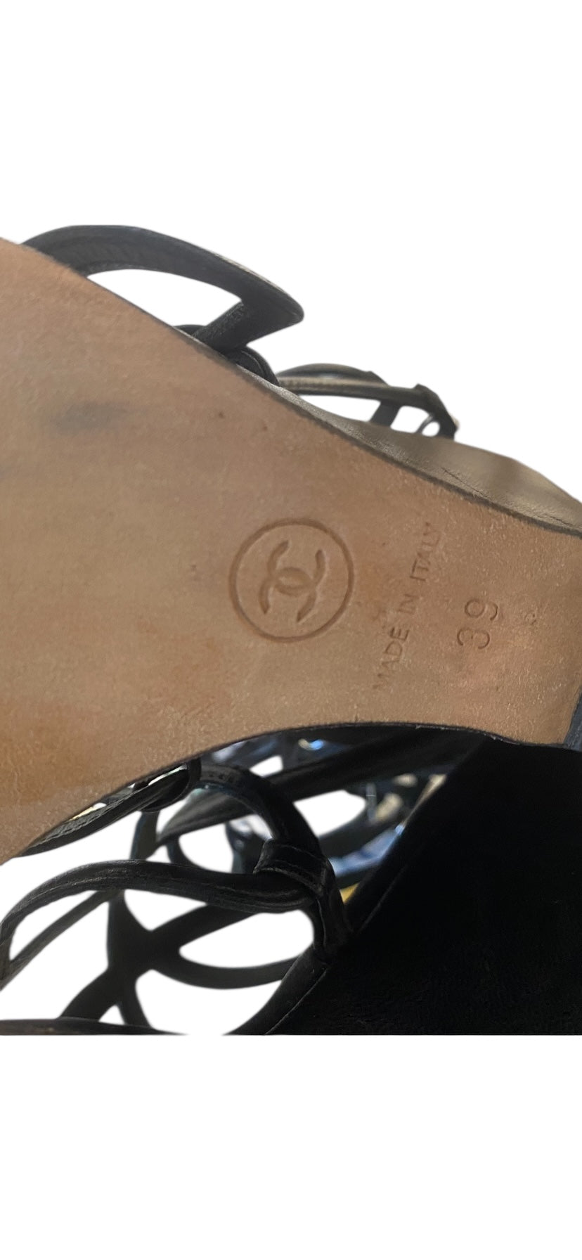 Chanel 2010 Black Leather Interlocking CC Gladiator Wedge Sandals EU 39
