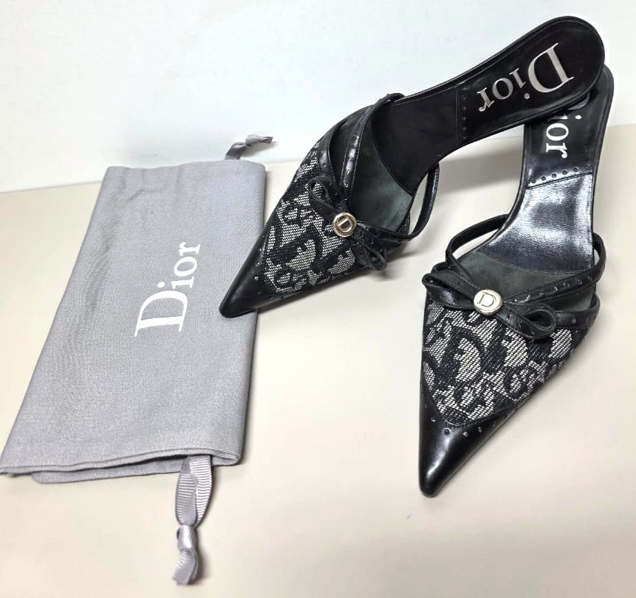 VINTAGE Y2K DIOR TROTTER MONOGRAM BOW POINTED MULE KITTEN HEELS IT 37.5 US 7.5