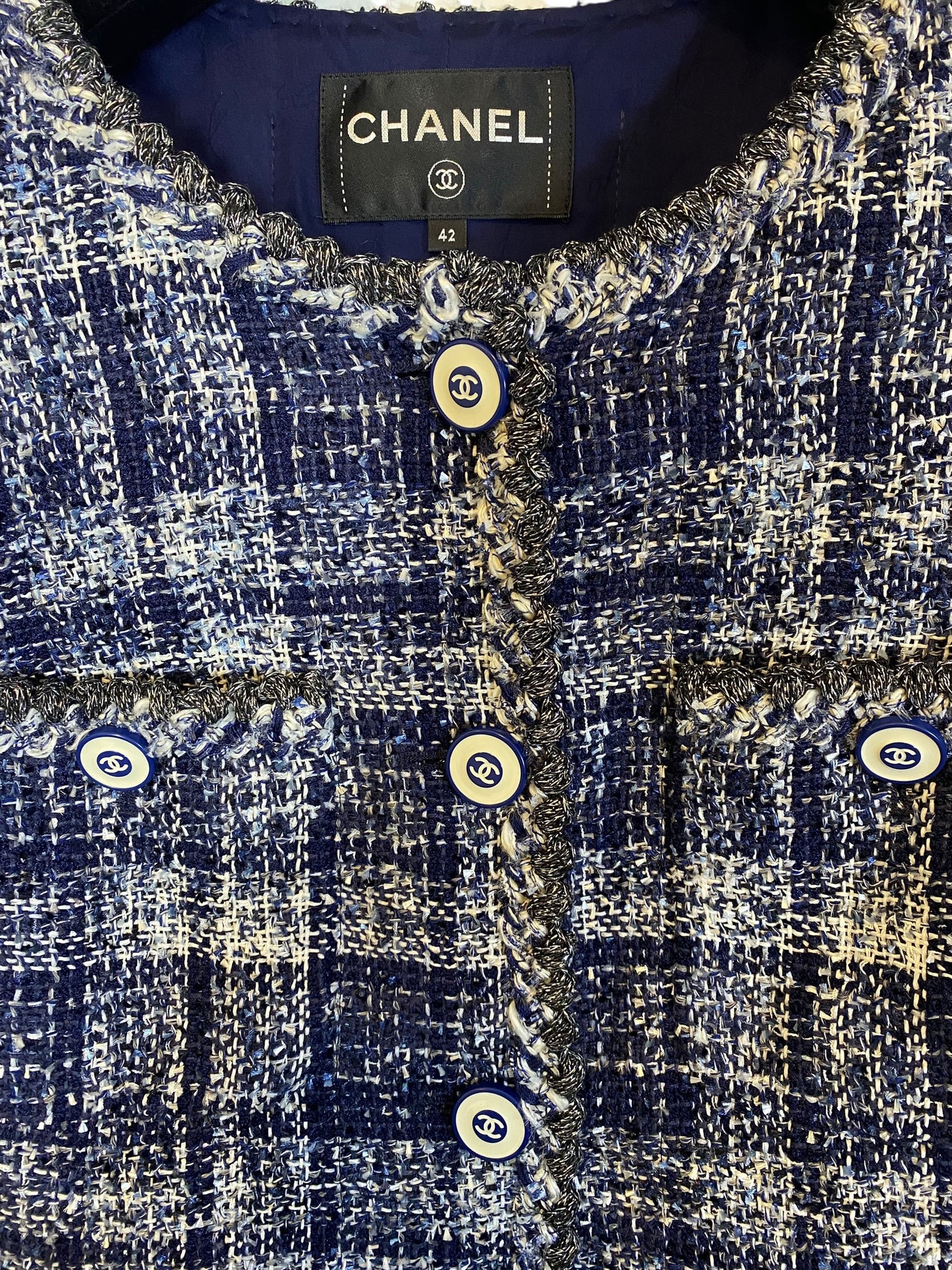 CHANEL 18P BLUE FANTASY TWEED LESAGE JACKET FR 42