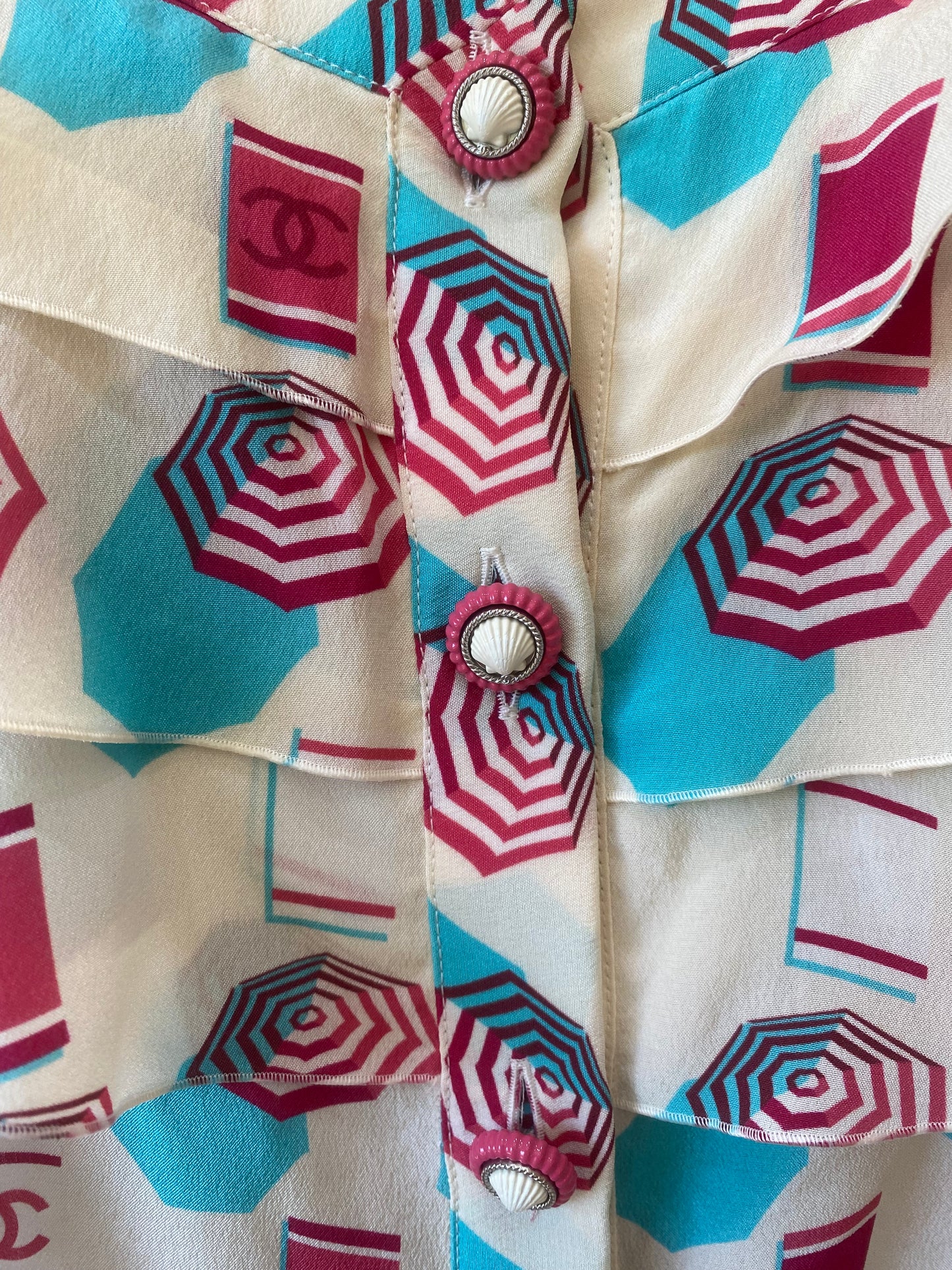 Chanel 19S Runway Umbrella Shells Motif Silk Multicolor Blouse FR 36