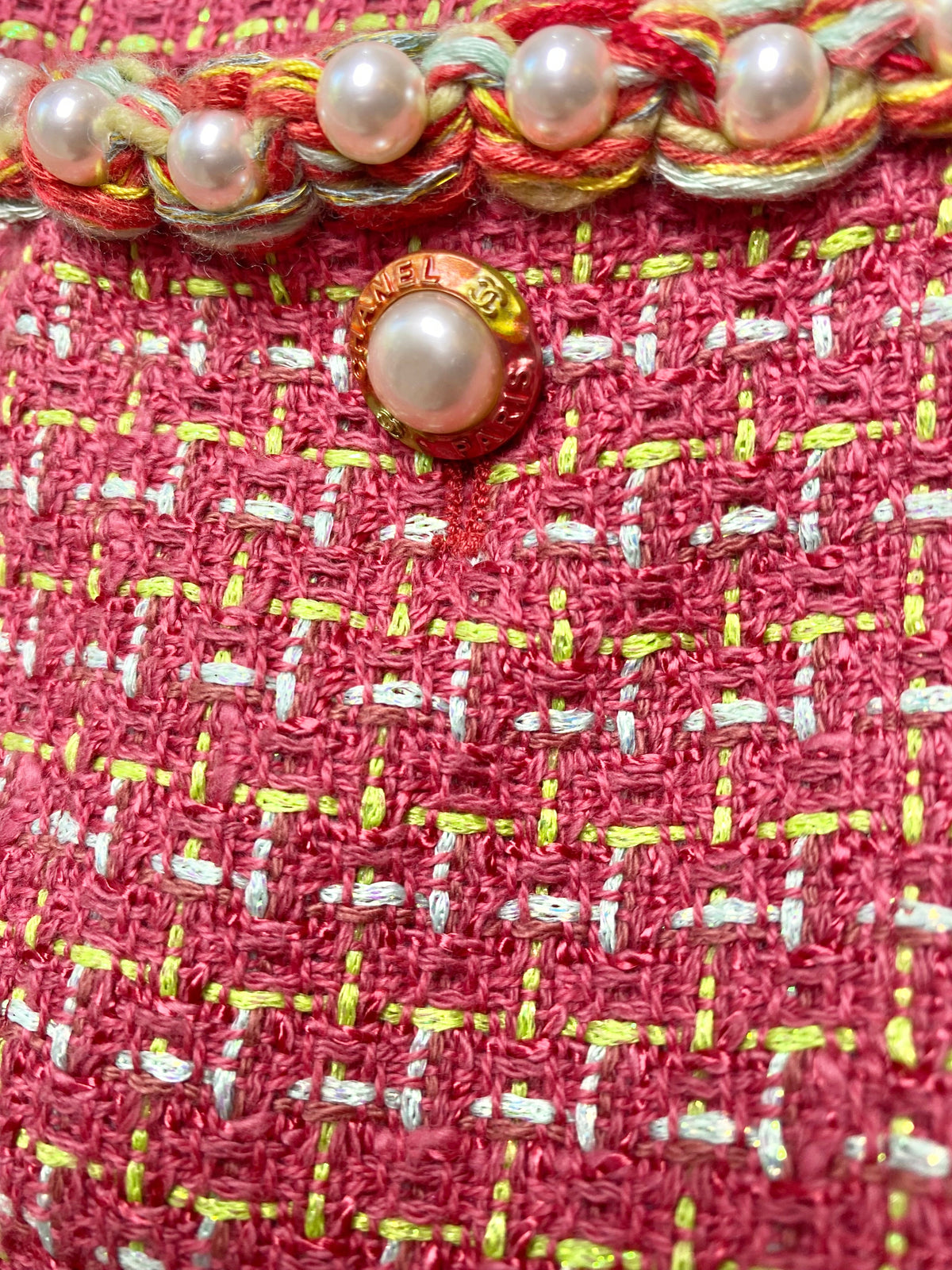 Rare Chanel 17S Pink Red Multicolor Pearl Trim Tweed Waistcoat Vest FR 40