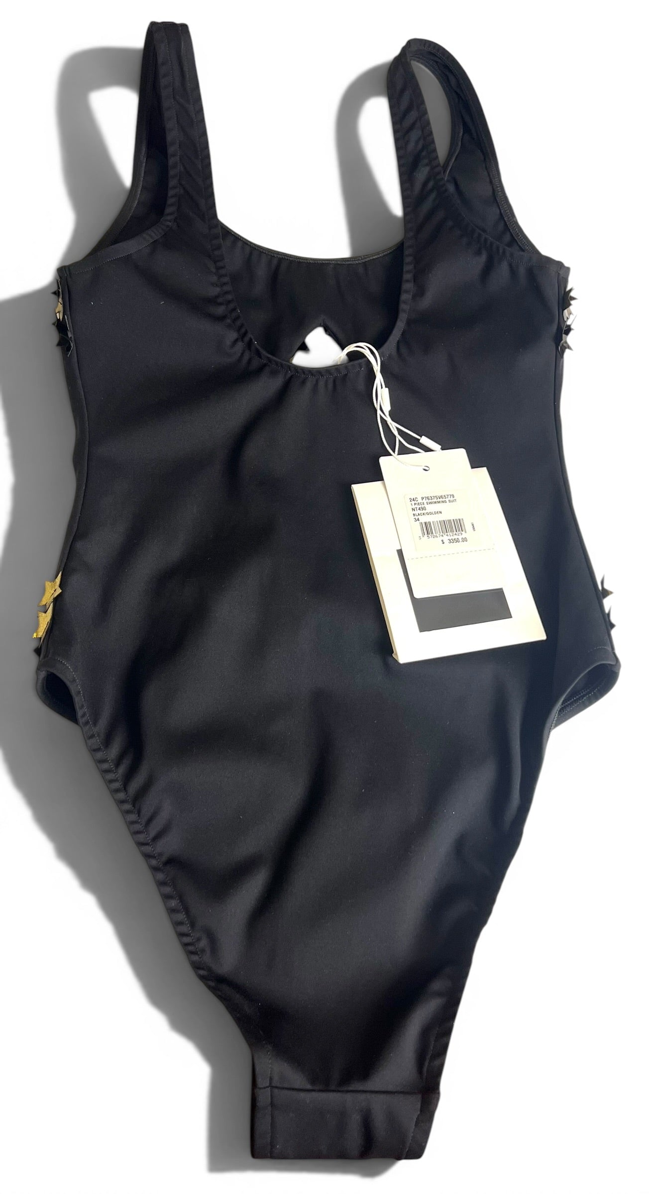 CHANEL 24C RUNWAY NEW TAGS BLACK GOLD STAR APPLIQUÉ SWIMSUIT FR 34