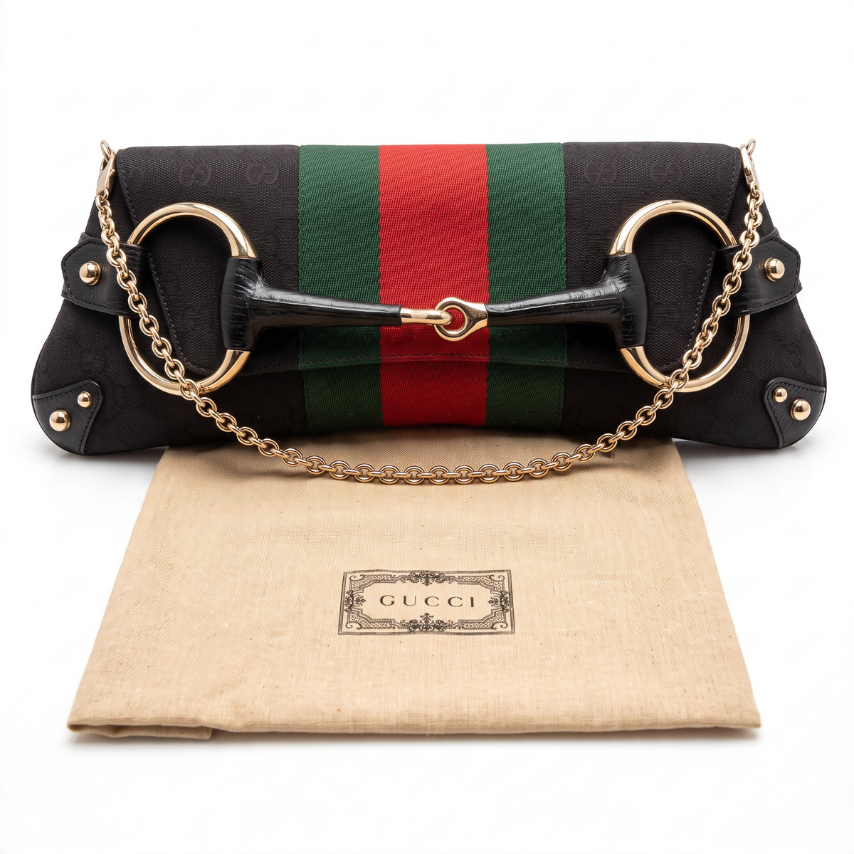 Gucci Large 1955 Tom Ford Classic Black Red Green GG Monogram Horsebit Clutch Handbag GHW