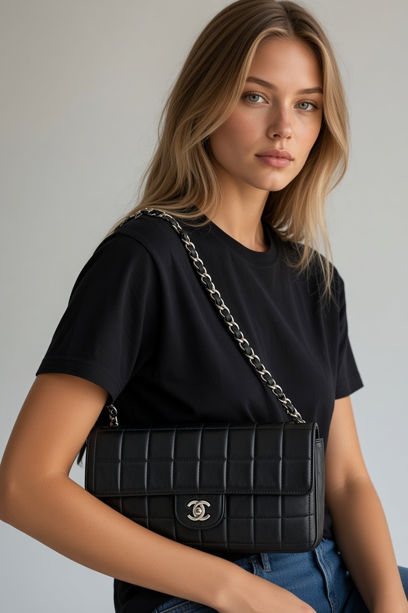 Vintage Chanel Black Lambskin East West Chocolate Bar Flap SHW