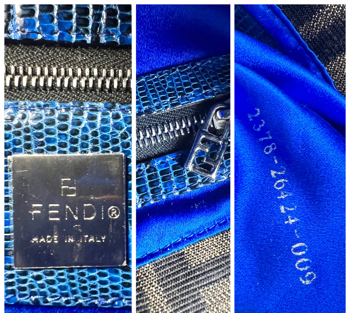 Fendi Vintage Blue Lizard Trimmed Embroidered Beaded Classic Zucca Baguette Bag