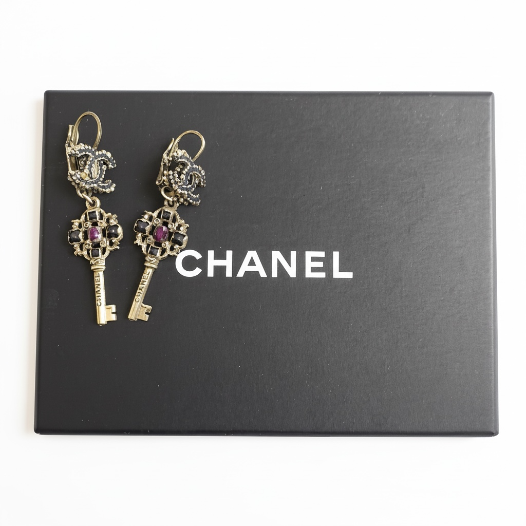 Chanel 17A Ritz Cosmopolite CC Key Dangle Drop Silver Pierced Earrings